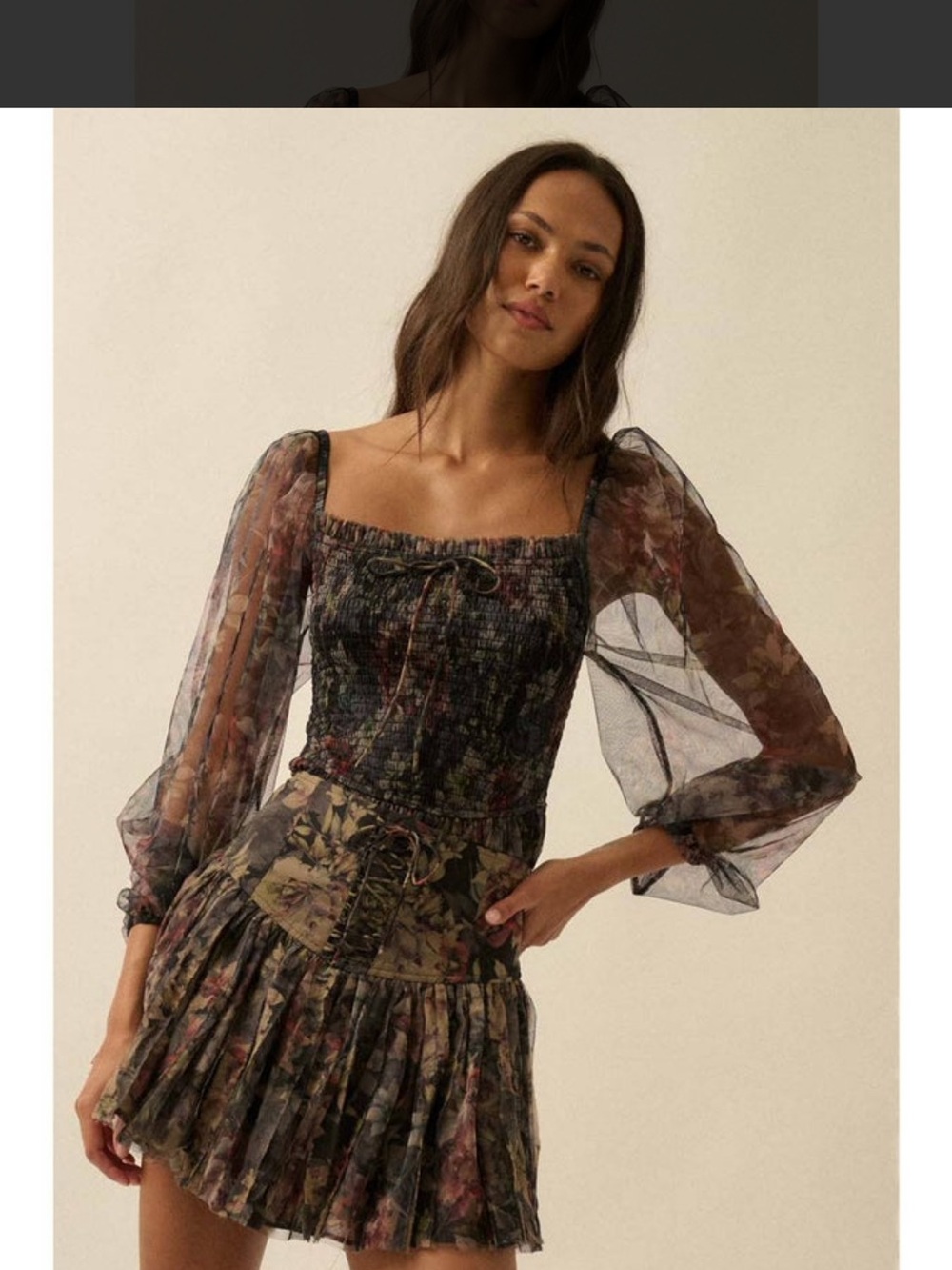 Sheer Floral Puff-Sleeve Mini Skirt and Blouse,Dark Floral